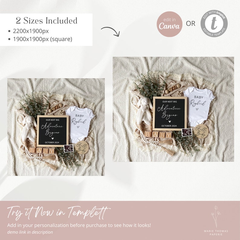 May include: A digital printable baby announcement with a chalkboard sign that says "Our next big adventure begins" with a heart and the date "October 2024". There is a white onesie with the text "Baby Rybil" and a wooden sign that says "Hello Baby".