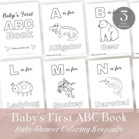 Baby's First ABC Animals Book, Alphabet Coloring Pages, Baby Shower Coloring Pages, Baby Shower Keepsake Activity