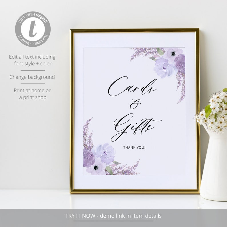 Cards and Gifts Sign Template, Lavender Bridal Shower Gift Sign, Purple Floral Gift Table Sign, Editable Instant Download Lillian image 2