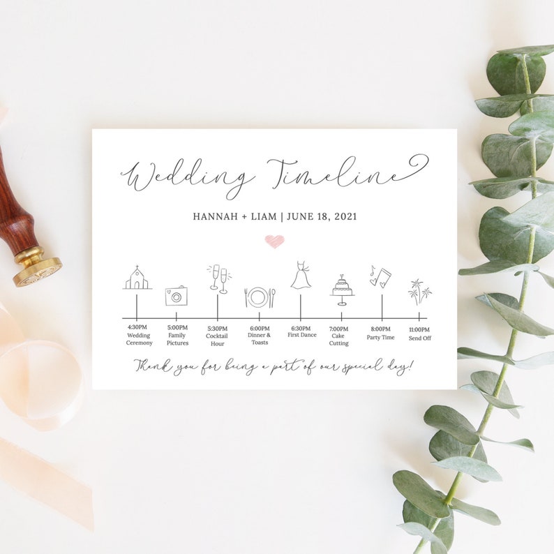 May include: A wedding timeline with icons for each event. The timeline includes the wedding ceremony, family pictures, cocktail hour, dinner and toasts, first dance, cake cutting, party time, and send off. The text reads "Wedding Timeline" and "Hannah + Liam | June 18, 2021".