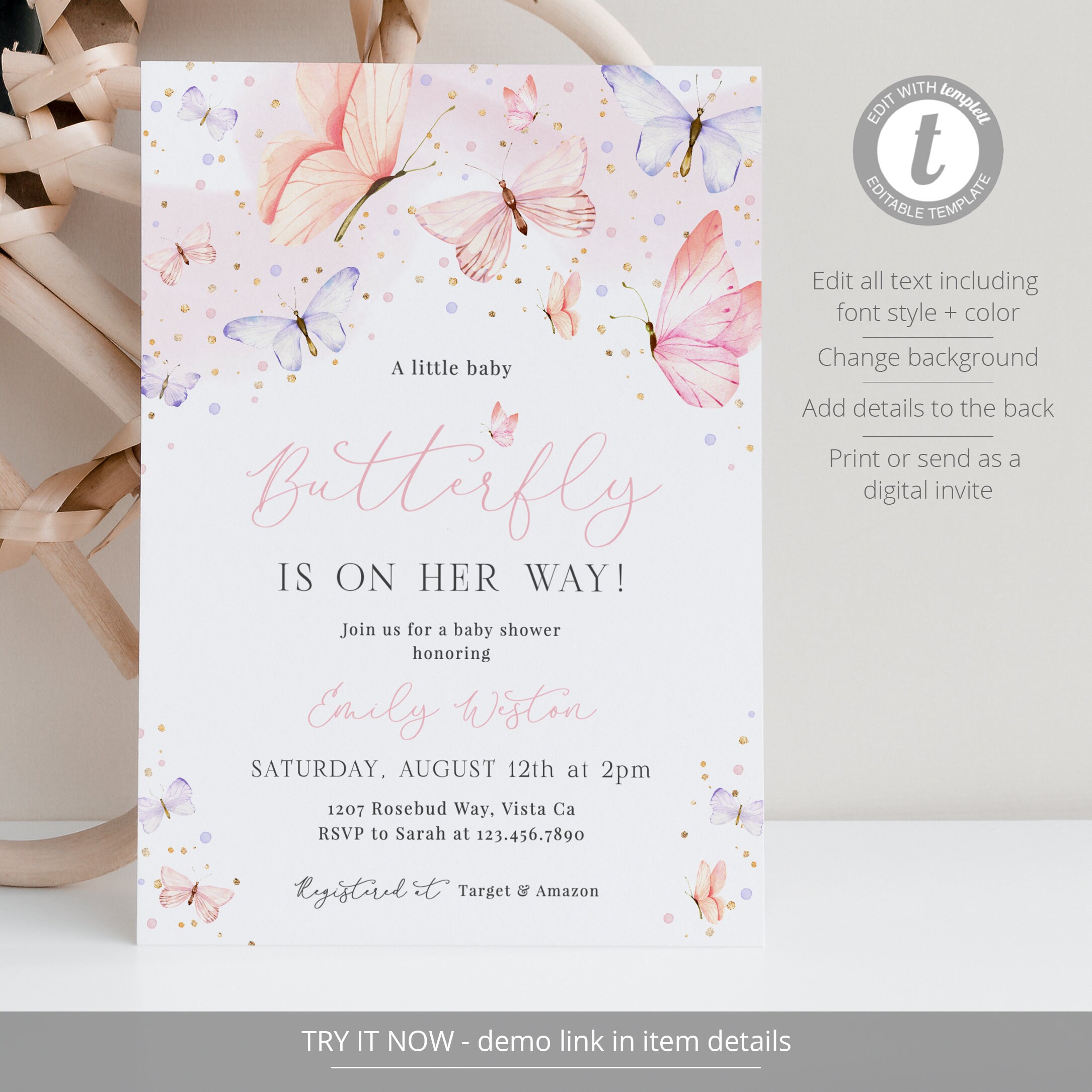 EDITABLE Butterfly Baby Shower Invitation Template, Pink Butterfly Baby ...