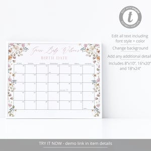 May include: A printable calendar with a floral border in shades of pink and brown. The calendar is titled "Guess Baby Wilson Birth Date" and includes the days of the week and numbers for each day of the month.