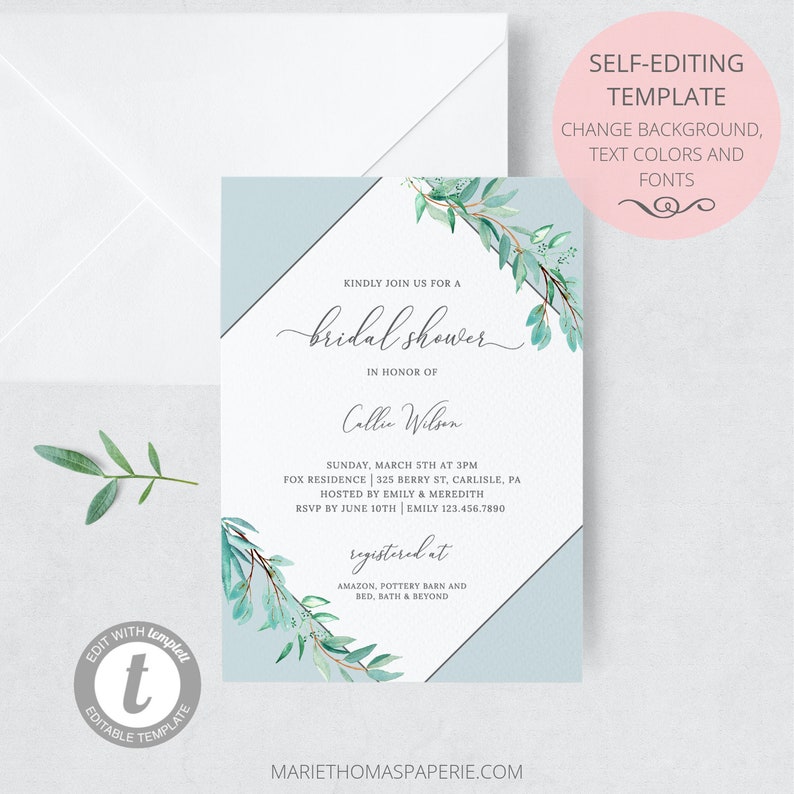 Laurelle Bridal Shower Invitation, Eucalyptus Geometric Greenery, Bridal Shower Invite, 100% Editable, Instant Download image 5