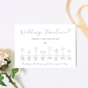May include: A wedding timeline with a white background and black text. The timeline includes the following events: wedding ceremony, family pictures, cocktail hour, dinner and toasts, first dance, cake cutting, party time, and send off. The text "Hannah + Liam | June 18, 2021" is at the top of the timeline.