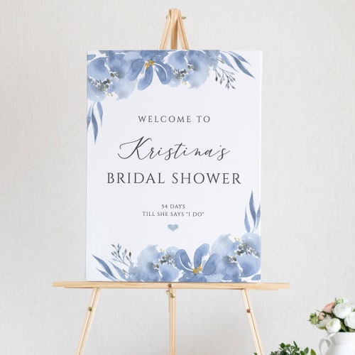 Dusty Blue Bridal Shower Welcome Sign, Bridal Shower Welcome Poster, Elegant Blue and Gray Floral, Printable Instant Download - Alya