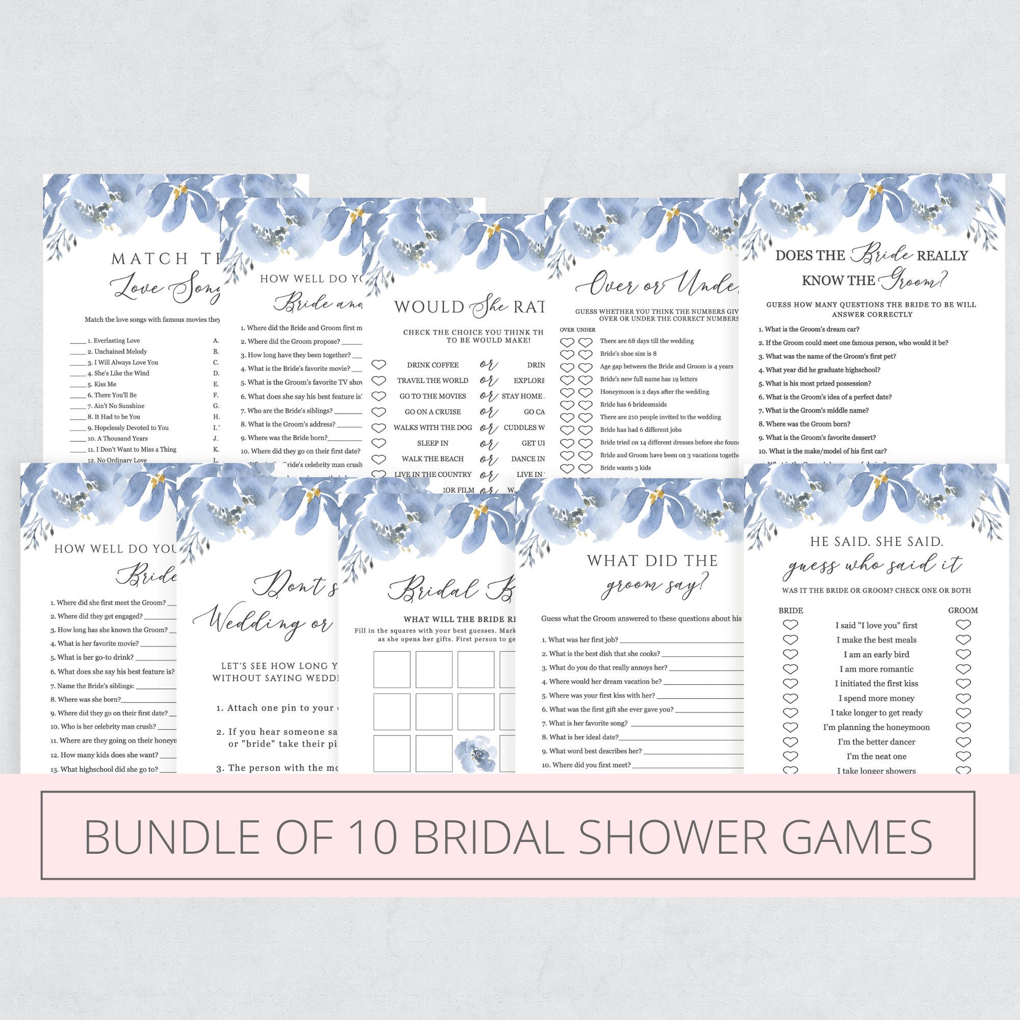 Bridal Shower Games Printable, Bundle of 10, Dusty Blue Floral