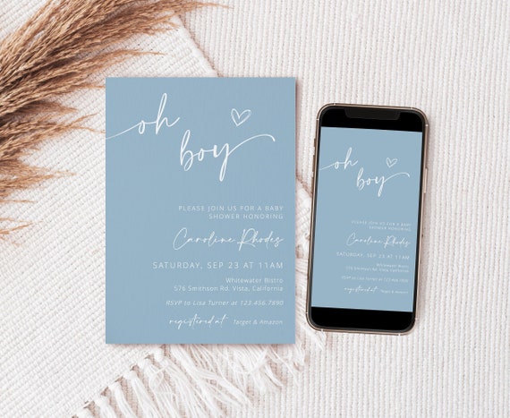 Editable Boy Baby Shower Invitation, Oh Boy Baby Shower Invite, Minimalist Baby Shower Invitation, Editable Instant Download - Asher
