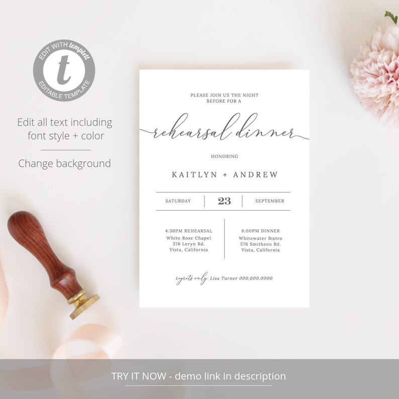 Rehearsal Dinner Invitation, Modern Minimalist Rehearsal Dinner Invite, 100% Editable, Instant Download Emelia image 2