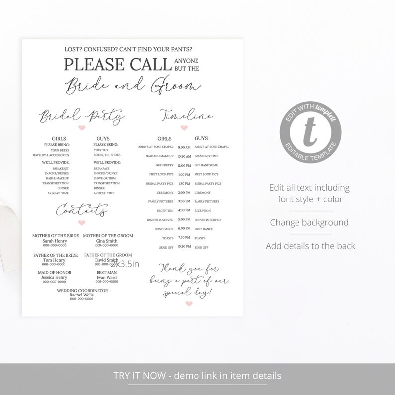 Lacie Wedding Timeline, Wedding Itinerary, Wedding Day Timeline, Simple Script, 100% Editable, Instant Download image 3