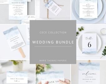 Cece - Dusty Blue Watercolor Wedding Template Bundle, Wedding Invitation Kit, Bundle Wedding Invitations, Editable Template Instant Download