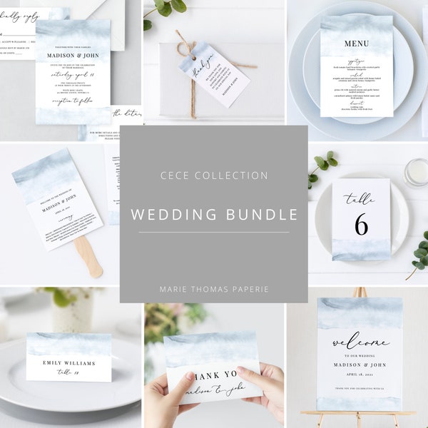 Cece - Dusty Blue Watercolor Wedding Template Bundle, Wedding Invitation Kit, Bundle Wedding Invitations, Editable Template Instant Download