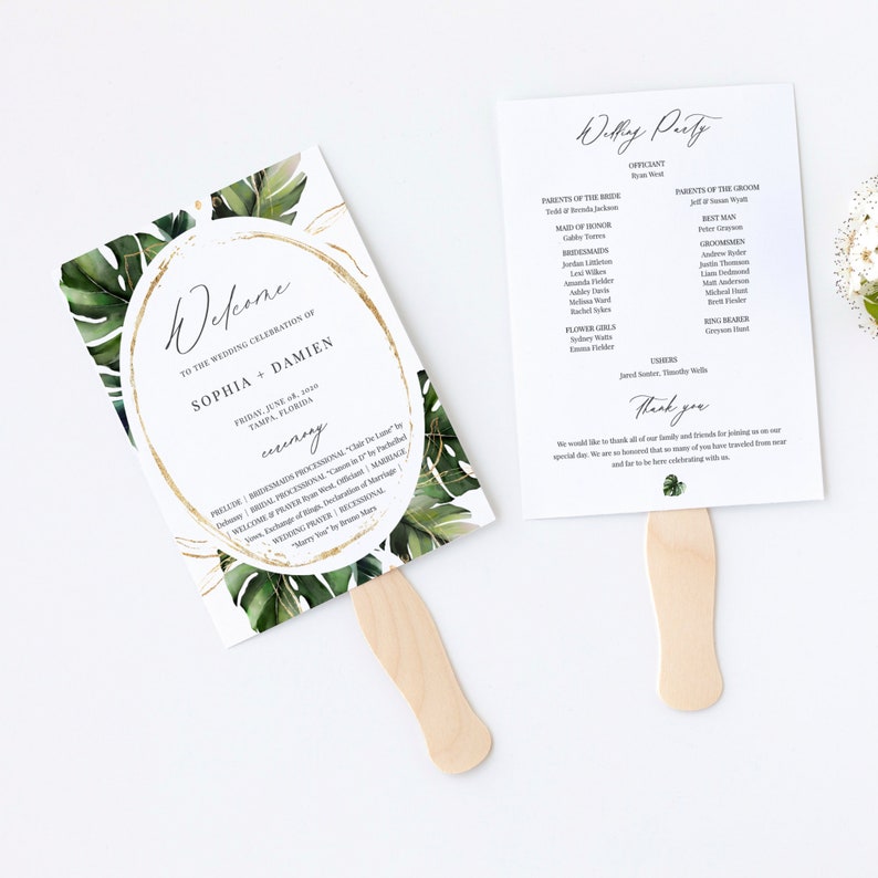 Nalani Tropical Wedding Program Fan Template, Monstera Palm Leaves, Wedding Ceremony Program, 100% Editable, Instant Download image 1