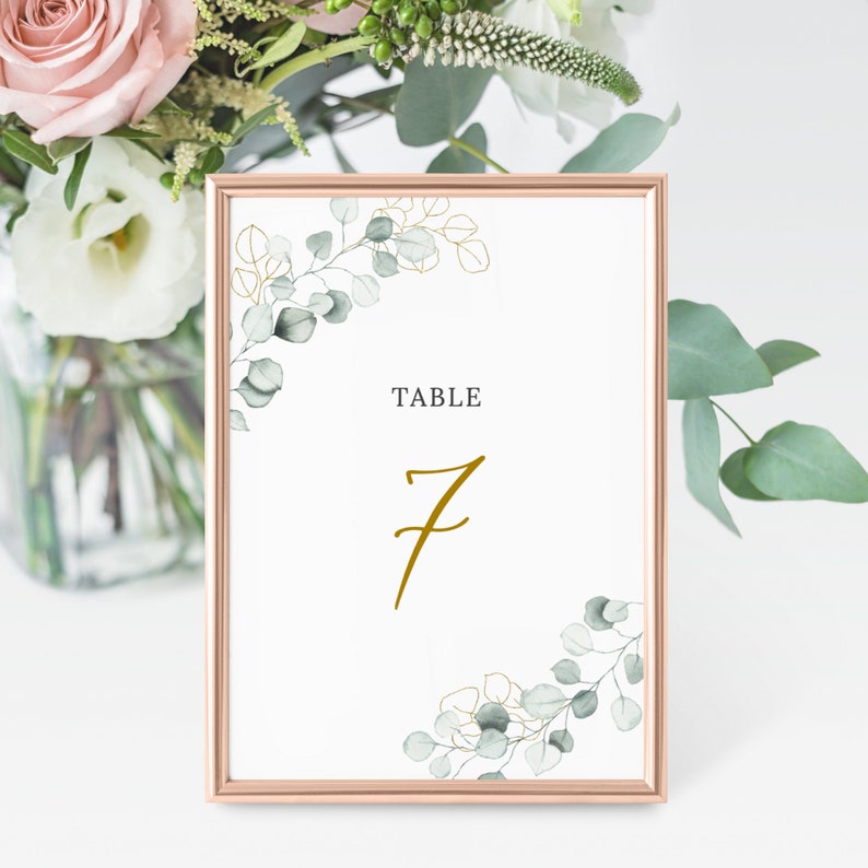 Greenery and Gold Wedding Table Number Template Editable Template 5x7 and 4x6 Instant Download Eucalyptus Table Number Card Lola