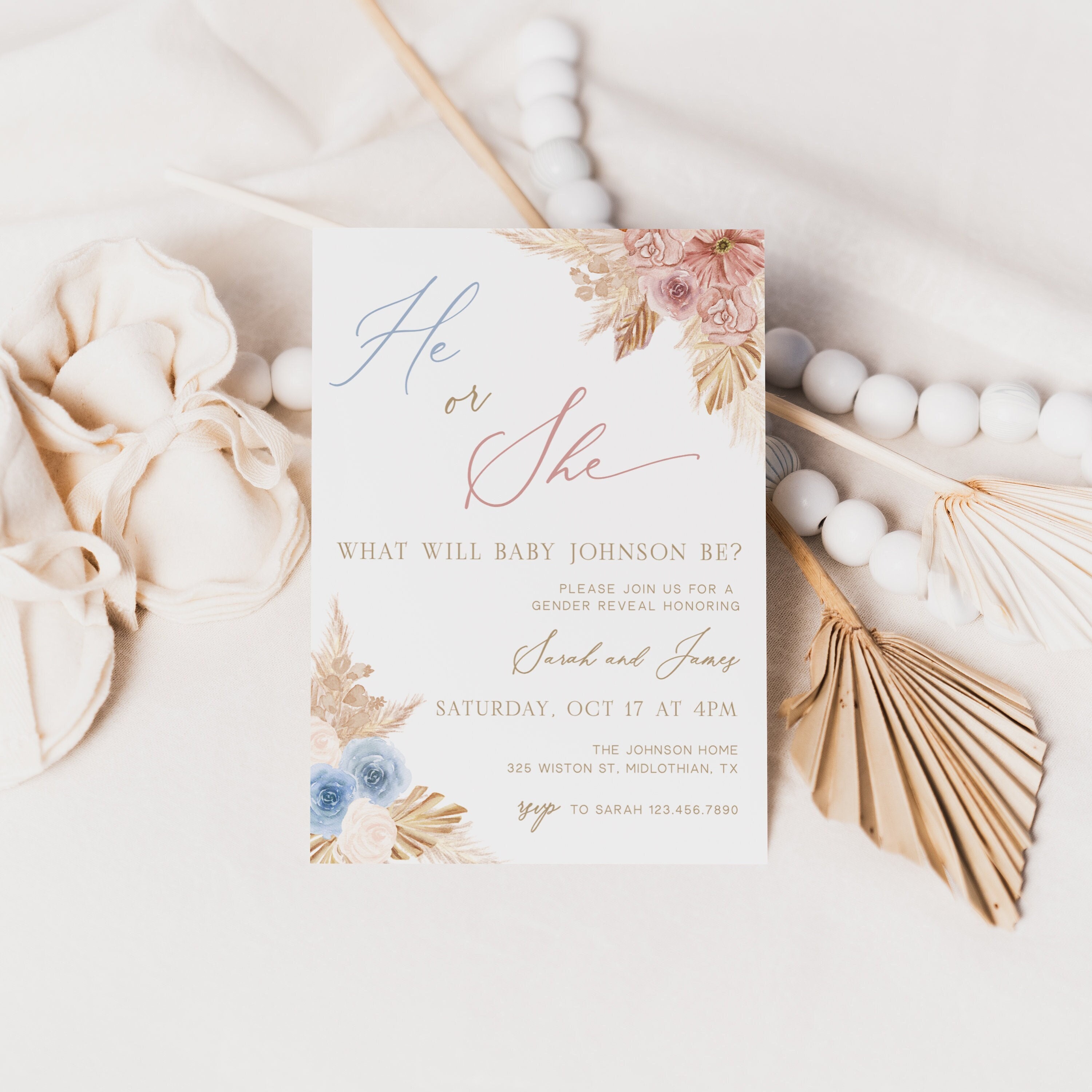 Boho Gender Reveal Invitation Template, He or She Gender Reveal Invite ...