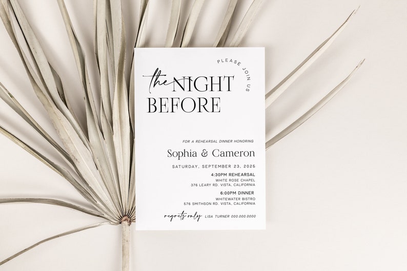 May include: A white card with black text announcing "The Night Before" for a rehearsal dinner honoring Sophia & Cameron on Saturday, September 23, 2025. The card lists the time and location for the rehearsal and dinner.