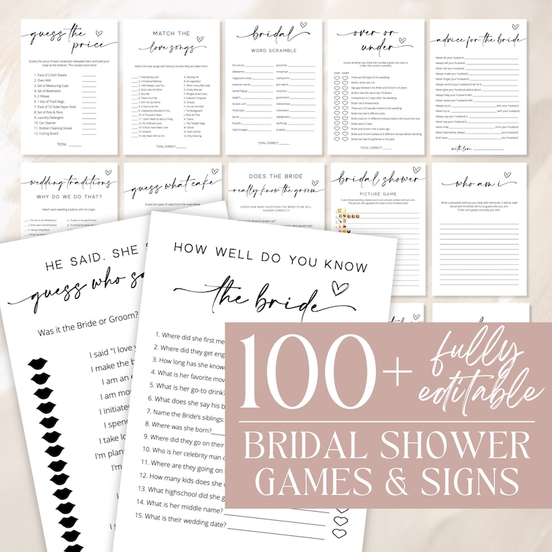 Bridal Shower Game Bundle, Minimalist Bridal Shower Games, Modern Bridal Shower Games Pack, Fully Editable Download - Myla image 1