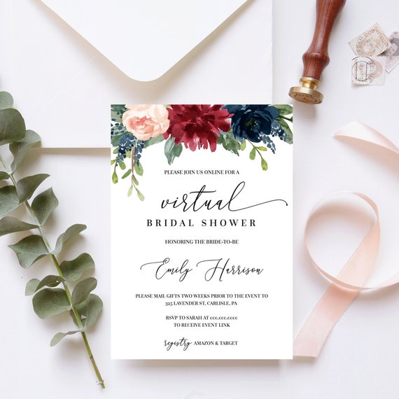 Alya Dusty Blue Floral Social Distance Bridal Shower Invite Bridal Shower by Mail Invitation Editable Instant Download