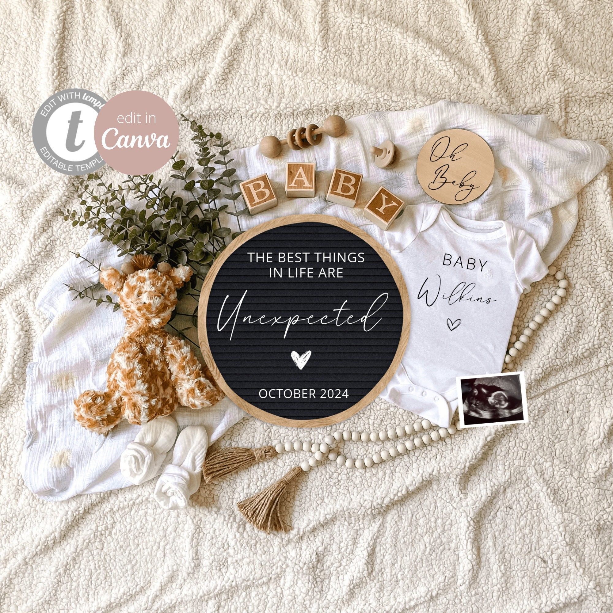Digital Boho Pregnancy Announcement for Social Media, Editable Letter Board Announcement, Gender Neutral Announcement, Instant Download