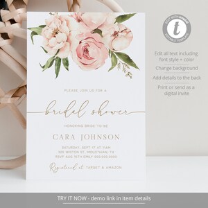 Floral Bridal Shower Invitation, Boho Peony Bridal Shower Invite, Blush Pink Bridal Shower, Editable Template Instant Download Paige image 2