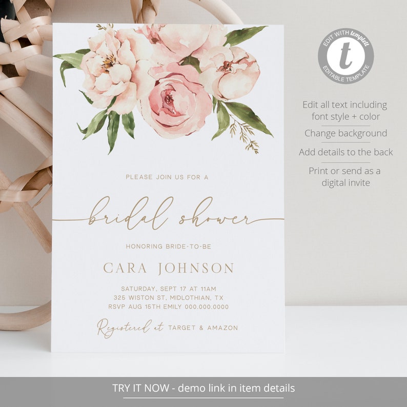 Floral Bridal Shower Invitation, Boho Peony Bridal Shower Invite, Blush Pink Bridal Shower, Editable Template Instant Download Paige image 2