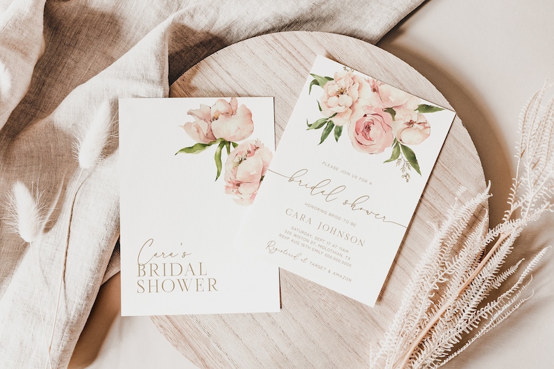 Floral Bridal Shower Invitation, Boho Peony Bridal Shower Invite, Blush Pink Bridal Shower, Editable Template Instant Download Paige image 3