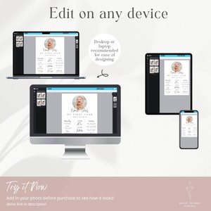 May include: A digital mockup showing a printable baby's first year milestone chart. The chart is customizable with a photo and text. The chart is shown on a desktop computer, tablet, and smartphone.