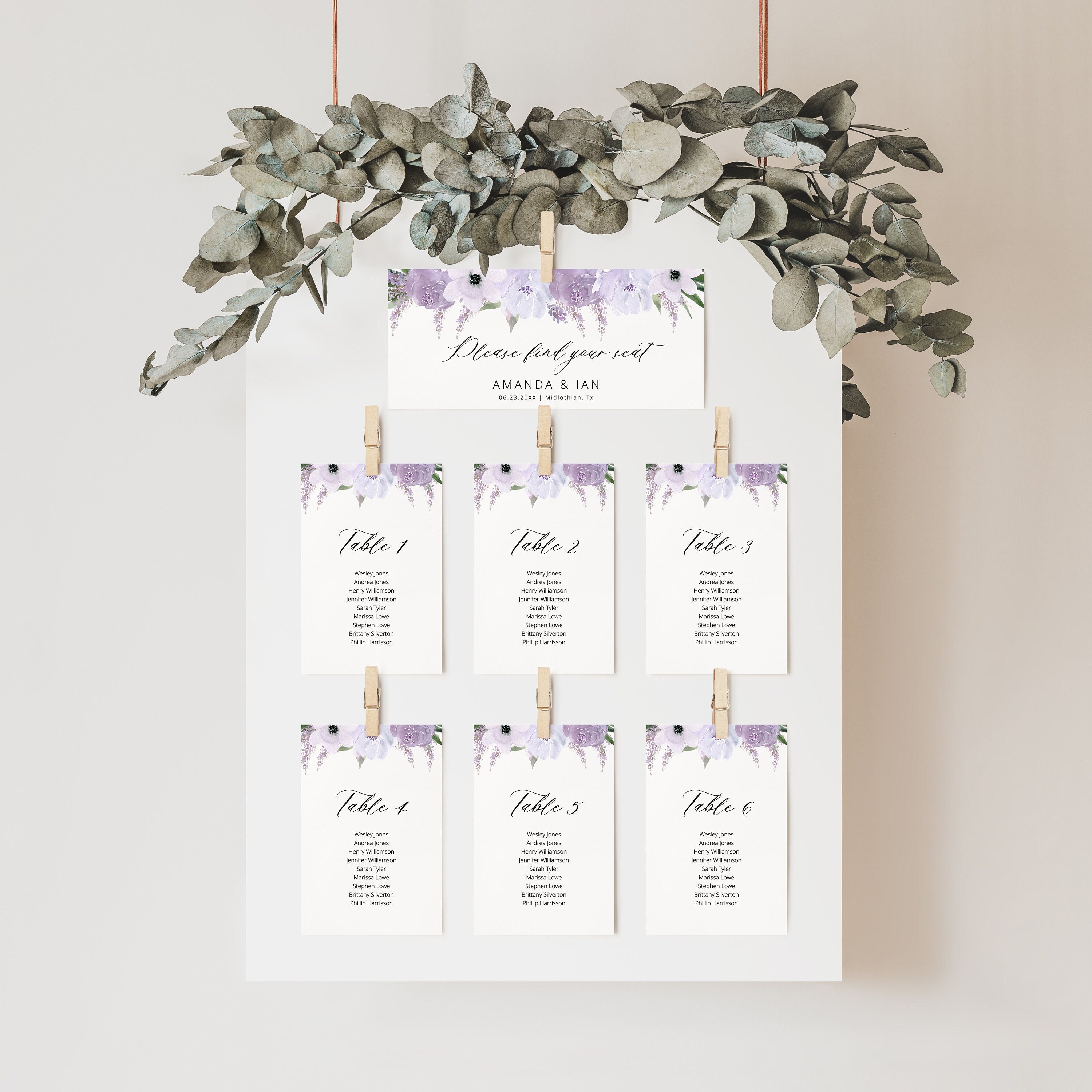 Lavendel Blumen Sitzplan Karten Vorlage, elegantes Lila Sitzplan, Tischnummern, druckbare Vorlage Sofortiger Download - Lillian