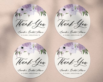 Bridal Shower Favor Sticker Template, Purple Floral Thank You Tags, Lavender Bridal Shower Favor Tag, Editable Instant Download - Lillian