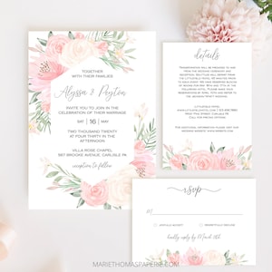 Alena - Wedding Invitation Template Boho Wedding Invite Editable Invitation Pink Blush Floral Wedding Set Instant Download