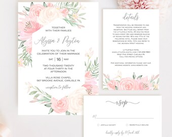 Alena - Wedding Invitation Template Boho Wedding Invite Editable Invitation Pink Blush Floral Wedding Set Instant Download