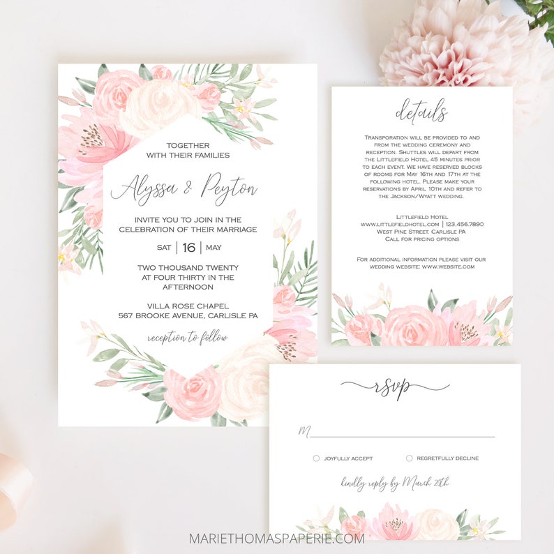 Alena Wedding Invitation Template Boho Wedding Invite Editable Invitation Pink Blush Floral Wedding Set Instant Download image 1