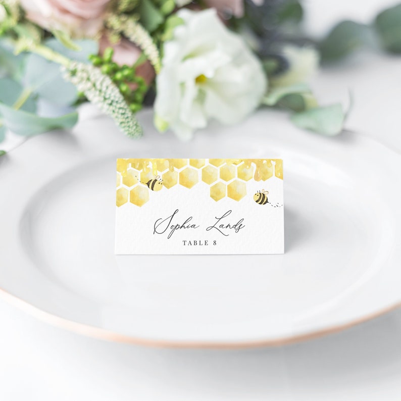 Honey Bee Place Card Template, Honeycomb Bumble Bee Wedding Name Card, Printable Escort Card, Editable Instant Download Bailee image 1