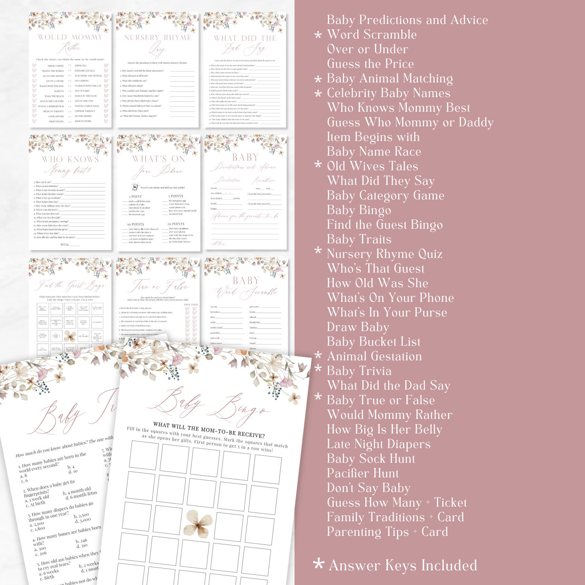 Editable Wildflower Baby Shower Game Bundle, Floral Baby Shower Games