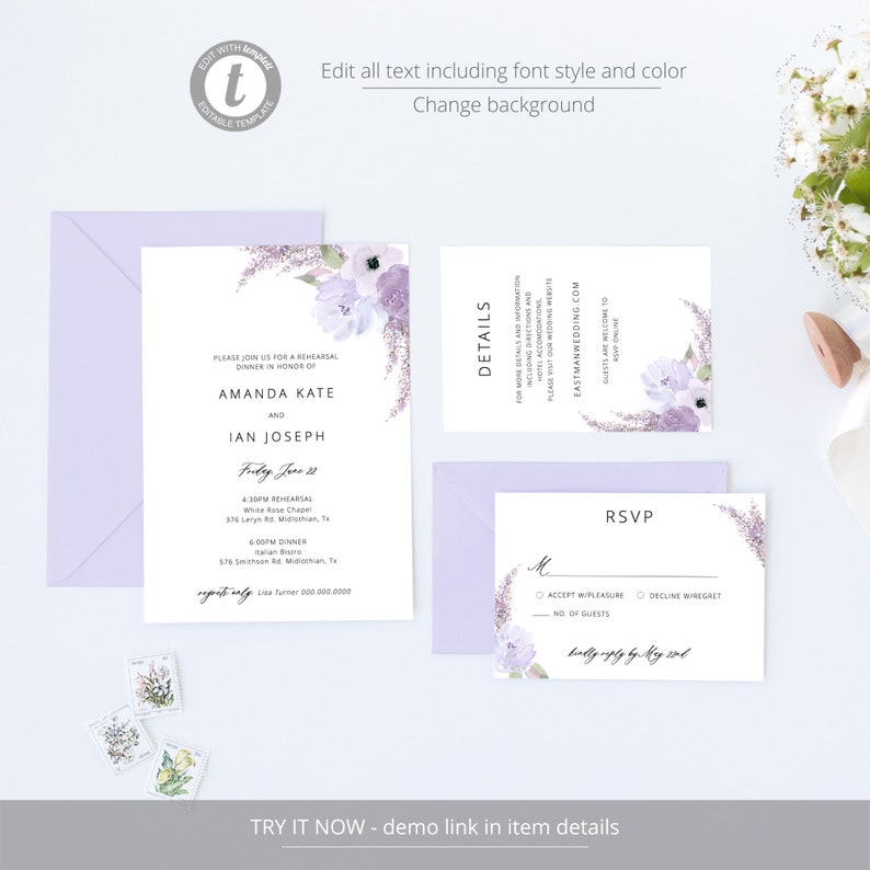 Lavender Wedding Invitation Template Download, Wedding Invitation Set, Purple Floral Wedding Suite, Editable Instant Download Lillian image 2
