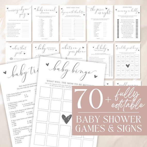 Baby Shower Game Bundle, Minimalist Baby Shower Games, Modern Baby Shower Games Pack, Baby Shower Signs, Fully Editable Download - Emelia