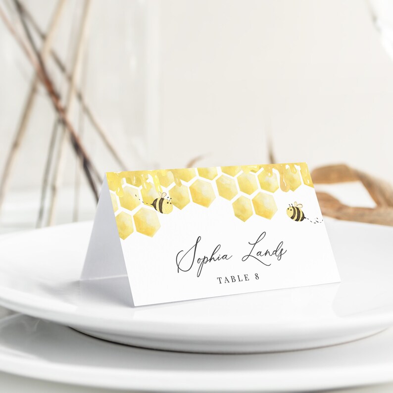 Honey Bee Place Card Template, Honeycomb Bumble Bee Wedding Name Card, Printable Escort Card, Editable Instant Download Bailee image 4