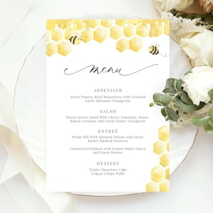 Szablon menu Honeybee, karta menu na baby shower z pszczołami, menu Honeycomb Bridal Shower do wydrukowania, 5x7 i 4x9, edytowalne natychmiastowe pobranie - Bailee