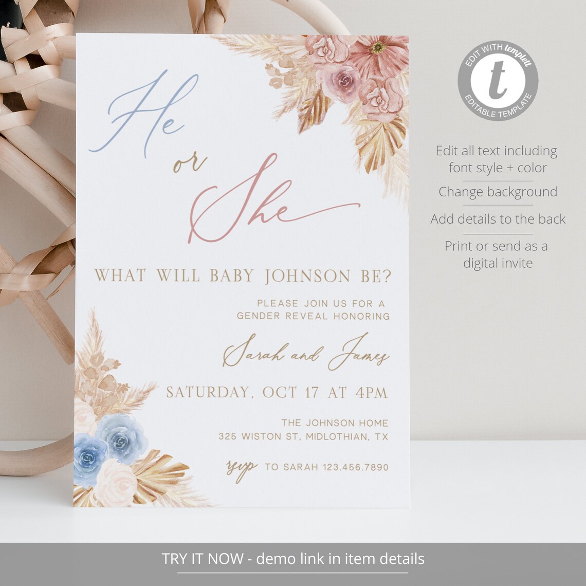 Boho Gender Reveal Invitation Template, He or She Gender Reveal Invite ...