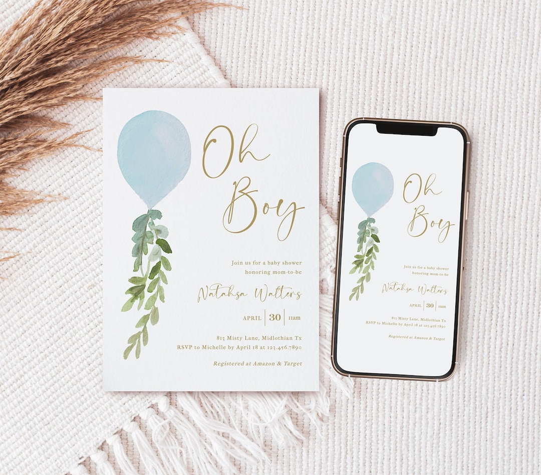 Editable Boy Baby Shower Invitation, Oh Boy Balloon Baby Shower Invite