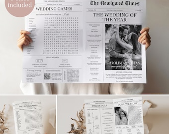 Mall för tidningsbröllopsprogram, redigerbart tidningsbröllopsprogram, modernt bröllopsinfografikprogram, direktnedladdning