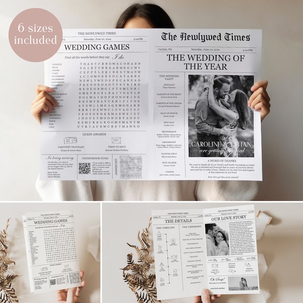 Newspaper Wedding Program Template, Editable Newspaper Wedding Ceremony Program, Modern Wedding Infographic Program, Instant Download