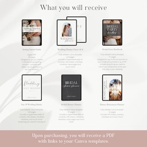May include: A digital product listing for a wedding planning bundle. The image shows six different Canva templates, each with a different theme, including a getting started guide, wedding planner, bridal shower planner, bridal party handbook, day of wedding binder, and honeymoon planner. The templates are all in a modern, minimalist style with a white background and black text.