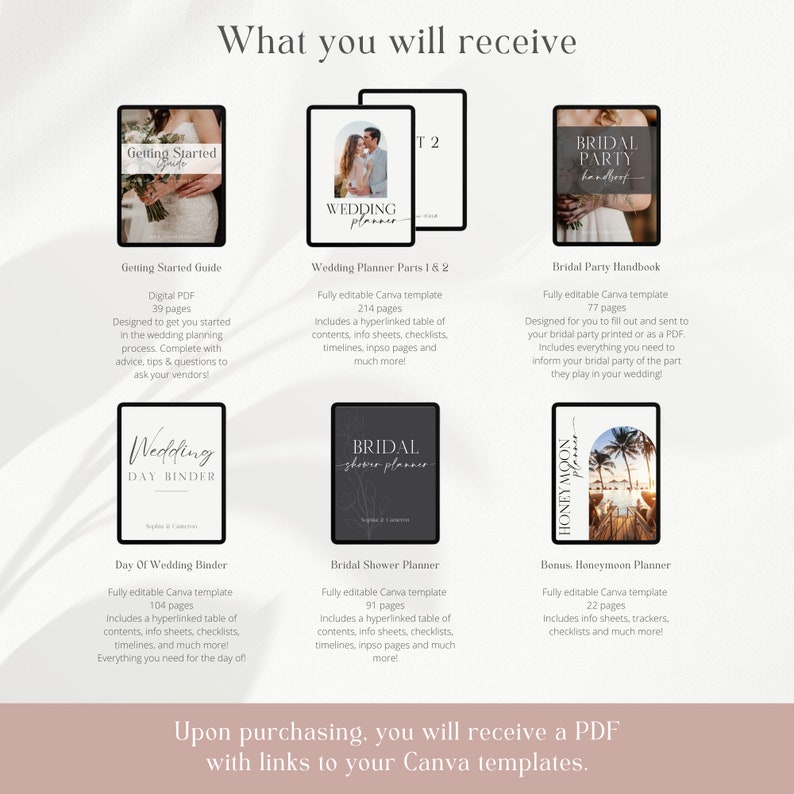 May include: A digital product listing for a wedding planning bundle. The image shows six different Canva templates, each with a different theme, including a getting started guide, wedding planner, bridal shower planner, bridal party handbook, day of wedding binder, and honeymoon planner. The templates are all in a modern, minimalist style with a white background and black text.