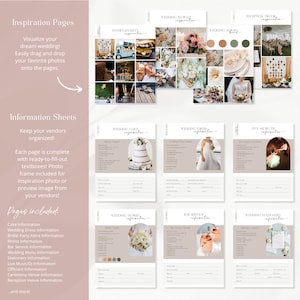 May include: A set of printable wedding planning pages with a light brown background and a rounded rectangle shape. The pages include sections for wedding cake, wedding dress, live music, wedding florist, bar service, and wedding stationery. Each page has a photo and space for text.