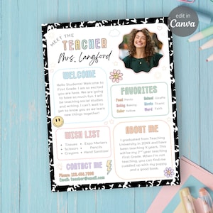 Puede incluir: Una colorida hoja de presentación del profesor con foto, mensaje de bienvenida, favoritos, lista de deseos e información de contacto. El diseño incluye un borde con estampado de vaca en blanco y negro y colores pastel.