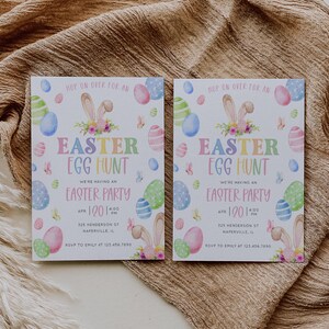 May include: Two Easter Egg Hunt invitations with pastel eggs, bunny ears, and floral accents. The invitations read "Hop on over for an Easter Egg Hunt" and include party details.