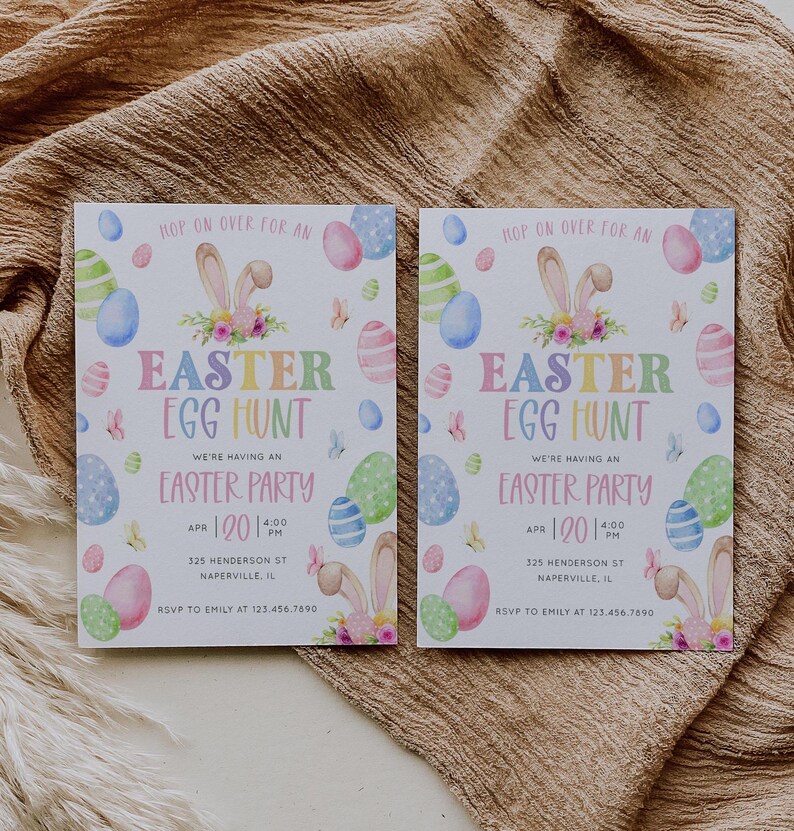 May include: Two Easter Egg Hunt invitations with pastel eggs, bunny ears, and floral accents. The invitations read "Hop on over for an Easter Egg Hunt" and include party details.