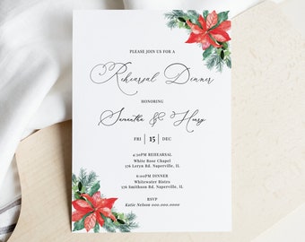 Clarice - Winter Rehearsal Dinner Invitation Template, Poinsettia Pine, Elegant December Wedding Editable Invitation Instant Download