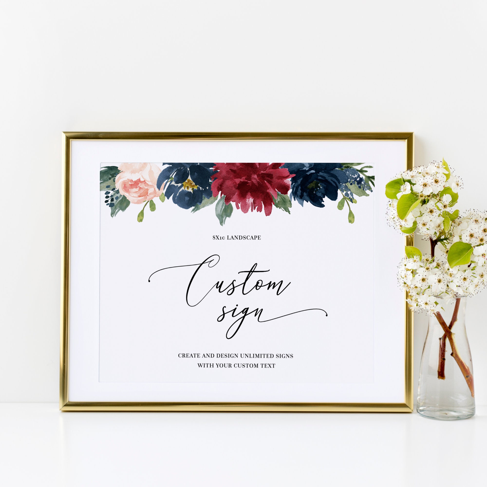 Mara - Custom Wedding Sign Template, Burgundy Navy Floral Wedding Sign ...