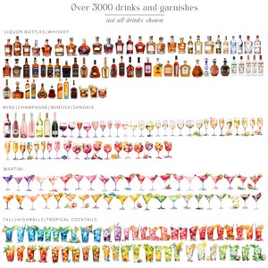 以下が含まれることがあります： 3000種類以上の飲み物と付け合わせを水彩で描いたイラスト。リキュールボトル、ワイン、シャンパン、ミモザ、サングリア、マティーニ、ロングドリンク、トロピカルカクテルなどがあります。画像の上部には「Over 3000 drinks and garnishes」と「not all drinks shown」のテキストがあります。